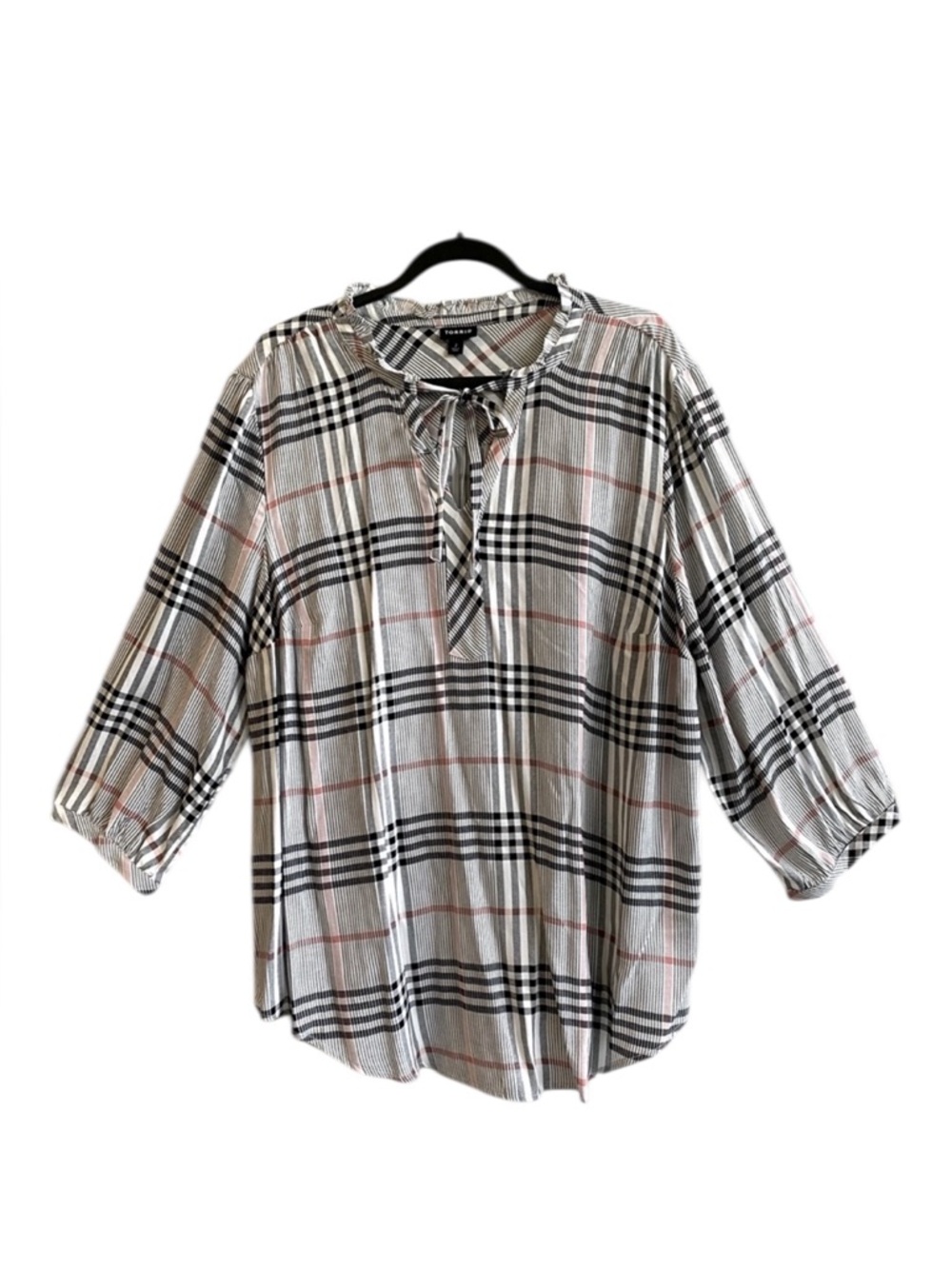 Torrid Plaid Blouse 3/4 Sleeve Tie neck Size 2X